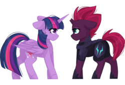 Size: 3000x2048 | Tagged: dead source, safe, artist:cinnamontee, tempest shadow, twilight sparkle, alicorn, pony, unicorn, g4, my little pony: the movie, armor, broken horn, cute, female, high res, horn, looking at each other, mare, simple background, smiling, tempestbetes, transparent background, twiabetes, twilight sparkle (alicorn)