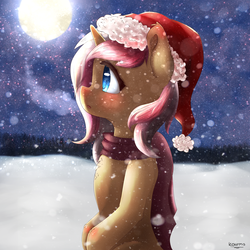 Size: 2500x2500 | Tagged: safe, artist:kourma, oc, oc only, oc:softie swirl, pony, unicorn, blushing, chest fluff, christmas, clothes, commission, cute, female, full moon, hat, high res, holiday, moon, night, santa hat, scarf, snow, snowfall, solo, stars, winter, ych result