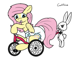 Size: 930x740 | Tagged: safe, artist:cuddlelamb, artist:oliver-england, angel bunny, fluttershy, pegasus, pony, rabbit, g4, adult foal, animal, diaper, diaper fetish, embarrassed, female, fetish, mare, non-baby in diaper, poofy diaper, story in the source, tricycle