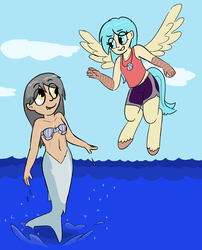 Size: 1718x2121 | Tagged: safe, artist:heretichesh, oc, oc only, oc:buoy belle, oc:rusalka, mermaid, satyr, g4, my little pony: the movie, belly button, clothes, midriff, offspring, parent:oc:dingaling, parent:princess skystar, seashell bra, tank top