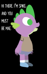 Size: 1447x2246 | Tagged: safe, artist:chiptunebrony, spike, dragon, anthro, g4, clothes, crossover, cute, night in the woods, pants, quote, shirt, shoes, shorts, socks, style emulation, text