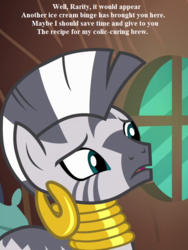 Size: 540x720 | Tagged: safe, edit, edited screencap, editor:korora, screencap, zecora, g4, it isn't the mane thing about you, cropped, horse colic, implied rarity, offscreen character, reality ensues, text