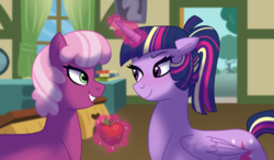 Size: 1024x597 | Tagged: safe, artist:cascayd, cheerilee, twilight sparkle, alicorn, earth pony, pony, g4, alternate hairstyle, apple, duo, female, food, lesbian, levitation, looking at each other, magic, ponytail, ship:cheerilight, shipping, telekinesis, twilight sparkle (alicorn)