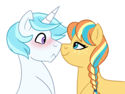 Size: 900x682 | Tagged: safe, artist:cascayd, oc, oc only, oc:angel dove, oc:orange blossom, earth pony, pony, unicorn, blushing, female, looking at each other, magical lesbian spawn, male, oc x oc, offspring, offspring shipping, parent:applejack, parent:coloratura, parent:prince blueblood, parent:trixie, parents:bluetrix, parents:rarajack, shipping, simple background, straight, white background