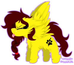 Size: 551x483 | Tagged: safe, artist:vanillaswirl6, oc, oc only, oc:amina islam, pegasus, pony, :p, :t, blushing, braid, chest fluff, chibi, eyes closed, fluffy, raffle prize, silly, simple background, solo, spread wings, tongue out, transparent background, wings