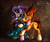 Size: 1280x1080 | Tagged: safe, artist:calena, starlight glimmer, sunburst, pony, unicorn, vampire, g4, clothes, costume, fake blood, fangs, female, glasses, halloween, halloween costume, holiday, male, mare, nightmare night, nightmare night costume, patreon, patreon logo, robe, ship:starburst, shipping, smiling, stallion, starlight wearing sunburst's robe, straight, sunburst's cloak, sunburst's glasses