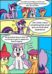 Size: 1120x1579 | Tagged: safe, artist:shrabby, apple bloom, scootaloo, sweetie belle, twilight sparkle, alicorn, pony, unicorn, g4, butt, comic, cutie mark crusaders, dialogue, female, imminent vore, mare, patreon, patreon logo, plot, potion, questionable source, twilight sparkle (alicorn), twipred, varying degrees of want