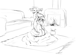 Size: 2560x1854 | Tagged: safe, artist:ampderg, oc, oc only, oc:amplitude, bat pony, blanket, fireplace, hat, sketch, solo