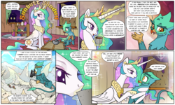 Size: 1920x1149 | Tagged: safe, artist:pencils, princess celestia, oc, oc:glenda gullwind, alicorn, griffon, pony, comic:sunbutt sunday, g4, bed, comic, crown, cup, dialogue, drinking, duo, eyeshadow, female, food, glowing horn, height difference, horn, horseshoes, hug, jewelry, looking back, magic, makeup, mare, open mouth, peytral, prone, regalia, slender, speech bubble, tea, teabag, teapot, telekinesis, thin, this will end in lesbianism, vase, window, wing hands, winghug