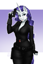 Size: 1900x2850 | Tagged: safe, alternate version, artist:mykegreywolf, rarity, unicorn, anthro, g4, black widow (marvel), breasts, cleavage, clothes, crossover, female, glock, gun, handgun, lipstick, mare, marvel, no trigger discipline, pistol, reasonably sized breasts, spy, weapon