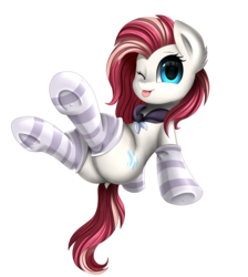 Size: 2550x2850 | Tagged: safe, artist:pridark, oc, oc only, oc:aureai, pegasus, pony, butt, clothes, commission, dock, female, high res, looking at you, mare, one eye closed, plot, simple background, smiling, socks, solo, striped socks, tongue out, transparent background, underhoof, wink, ych result