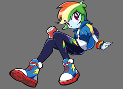 Size: 1320x950 | Tagged: safe, artist:rvceric, rainbow dash, equestria girls, g4, my little pony equestria girls: better together, clothes, converse, female, gray background, multicolored hair, shoes, simple background, smiling, solo, wristband