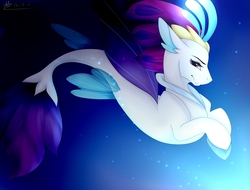 Size: 2500x1900 | Tagged: safe, artist:sheetanii, queen novo, seapony (g4), g4, my little pony: the movie, bioluminescent, blue background, bubble, closed mouth, crepuscular rays, crown, eyelashes, female, fin wings, fins, fish tail, jewelry, looking at you, ocean, purple eyes, purple tail, purple wings, regalia, signature, simple background, solo, swimming, tail, underwater, water, wings