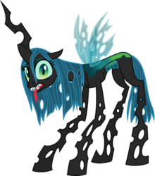 Size: 1042x1182 | Tagged: safe, artist:starryoak, queen chrysalis, changeling, changeling queen, miracleverse, g4, alternate universe, anorexic, concave belly, emaciated, female, looking at you, sharp teeth, simple background, skinny, solo, teeth, thin, tongue out, transparent background, transparent wings, wings