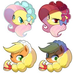 Size: 1350x1350 | Tagged: safe, artist:yam, applejack, fluttershy, earth pony, pegasus, pony, g4, bonnet, bust, duo, duo female, female, looking at you, mare, one eye closed, simple background, smiling, white background