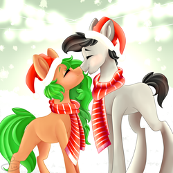 Size: 1024x1024 | Tagged: safe, artist:beashay, oc, oc only, earth pony, pony, christmas, clothes, female, hat, holiday, male, mare, nuzzling, santa hat, scarf, stallion