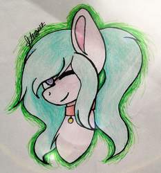 Size: 956x1024 | Tagged: safe, artist:creadorachan, oc, oc only, pony, bust, female, mare, one eye closed, portrait, solo, traditional art, wink