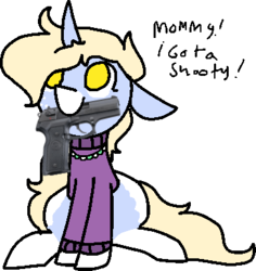 Size: 365x386 | Tagged: safe, artist:nootaz, oc, oc only, oc:nootaz, pony, unicorn, clothes, gun, jewelry, mouth hold, necklace, simple background, sitting, sweater, transparent background, weapon