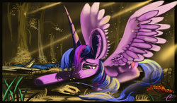 Size: 8640x5040 | Tagged: safe, artist:auroriia, twilight sparkle, alicorn, pony, g4, absurd resolution, female, impossibly large ears, mare, prone, smiling, solo, spread wings, stone, twilight sparkle (alicorn), wings