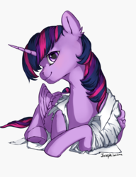 Size: 1000x1300 | Tagged: safe, artist:makkah, twilight sparkle, alicorn, pony, g4, clothes, female, gray background, looking at you, mare, prone, shirt, simple background, smiling, twilight sparkle (alicorn)