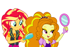 Size: 6000x4000 | Tagged: safe, artist:spottedlions, part of a set, adagio dazzle, sunset shimmer, equestria girls, g4, absurd resolution, clothes, commission, female, friendshipping, hairbrush, lesbian, mirror, ship:sunsagio, shipping, simple background, smiling, white background