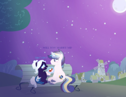 Size: 2249x1739 | Tagged: safe, artist:diamondmlpocean, oc, oc only, oc:heart protection, oc:midnight moon (diamondmlpocean), pegasus, pony, unicorn, female, magic, male, mare, marriage proposal, moon, night, oc x oc, shipping, stallion, straight