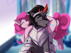 Size: 4000x3000 | Tagged: safe, artist:evange, artist:tai-l-rodriguez, king sombra, pinkie pie, earth pony, pony, unicorn, g4, :p, armor, cape, clothes, colored horn, curved horn, eyes closed, fangs, female, horn, male, mare, riding on back, shipping, sombra horn, sombrapie, stallion, straight, tongue out, underhoof
