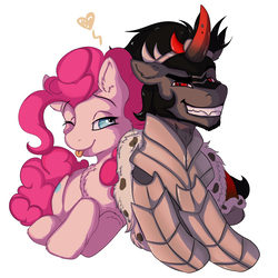 Size: 4000x4000 | Tagged: safe, artist:tai-l-rodriguez, king sombra, pinkie pie, earth pony, pony, unicorn, g4, :p, armor, cape, clothes, colored horn, crack shipping, curved horn, female, grin, heart, horn, male, mare, one eye closed, shipping, simple background, smiling, sombra horn, sombrapie, stallion, straight, tongue out, white background, wink