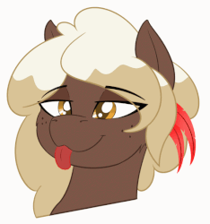 Size: 524x560 | Tagged: safe, artist:wcnimbus, oc, oc only, oc:sweet mocha, pony, animated, bust, female, freckles, lidded eyes, mare, mlem, portrait, silly, simple background, solo, tongue out, transparent background