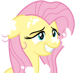 Size: 3082x3000 | Tagged: safe, artist:sollace, derpibooru exclusive, fluttershy, a health of information, g4, dirty, female, glue, high res, messy mane, not cum, show accurate, simple background, smiling, snow, solo, transparent background, vector