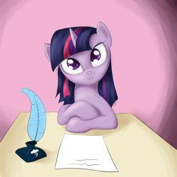 Size: 900x900 | Tagged: safe, artist:sokolas, twilight sparkle, pony, g4, female, inkwell, letter, quill, solo