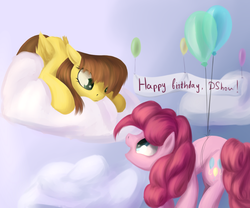 Size: 1200x1000 | Tagged: safe, artist:sokolas, pinkie pie, oc, earth pony, pegasus, pony, g4, balloon, birthday, cloud, duo, eye contact, female, floating, looking at each other, mare, then watch her balloons lift her up to the sky