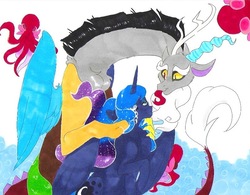 Size: 807x631 | Tagged: safe, artist:frozensoulpony, discord, princess luna, octopus, pony, g4, female, male, ship:lunacord, shipping, straight, traditional art