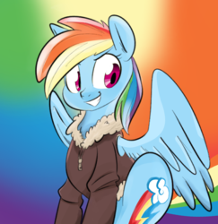 Size: 1280x1319 | Tagged: artist needed, source needed, safe, rainbow dash, g4, bomber jacket, clothes, female, jacket, rainbow background, smiling, solo, spread wings, wings