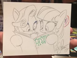 Size: 2048x1536 | Tagged: safe, artist:andypriceart, coco pommel, rarity, earth pony, pony, unicorn, g4, book, female, mare, monochrome, partial color, reading, traditional art, wide eyes