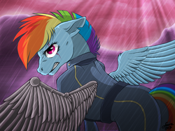 Size: 800x600 | Tagged: safe, artist:rookuna, rainbow dash, g4, the cutie re-mark, alternate timeline, amputee, apocalypse dash, augmented, clothes, crystal war timeline, hoers, prosthetic limb, prosthetic wing, prosthetics, rain, scar, serious, serious face, torn ear