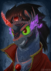 Size: 800x1120 | Tagged: safe, artist:1jaz, king sombra, g4, bust, cloak, clothes, glowing horn, horn, male, solo, sombra eyes