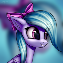 Size: 3000x3000 | Tagged: safe, artist:setharu, flitter, pegasus, pony, g4, bow, bust, cute, ear fluff, eye clipping through hair, female, folded wings, hair bow, high res, mare, portrait, signature, smiling, smirk, solo, zoom layer