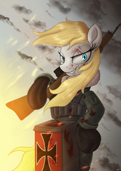 Size: 1240x1754 | Tagged: dead source, safe, artist:jeki, oc, oc only, oc:aryanne, earth pony, pony, anime, aryan pony, aryanne art pack, bipedal, blood, blood stains, clothes, cloud, crossover, female, fire, germany, gloves, gun, iron cross, military, rifle, smiling, soldier, tanya degurechaff, uniform, weapon, wind, windswept mane, world war i, youjo senki