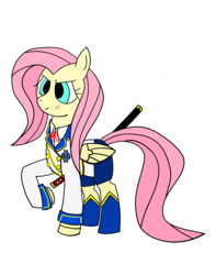 Size: 1500x1908 | Tagged: safe, fluttershy, g4, clothes, female, katana, shorts, simple background, solo, sword, transparent background, uniform, weapon