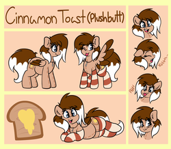Size: 3550x3100 | Tagged: safe, artist:graphene, oc, oc only, oc:cinnamon toast, original species, pegasus, plush pony, pony, clothes, cute, cutie mark, emotions, flat colors, high res, key, reference sheet, socks, striped socks, tongue out