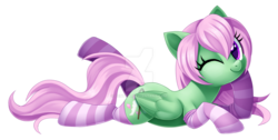 Size: 1600x807 | Tagged: safe, artist:centchi, oc, oc only, oc:spectral wind, pegasus, pony, clothes, female, mare, one eye closed, simple background, socks, solo, striped socks, transparent background, watermark, wink