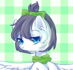 Size: 1150x1100 | Tagged: safe, artist:leafywind, oc, oc only, oc:tai, pegasus, pony, abstract background, bow, clothes, female, hair bow, mare, scarf, solo