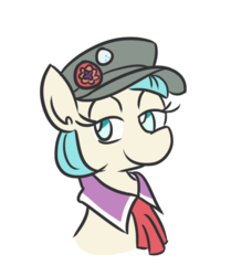 Size: 410x490 | Tagged: safe, artist:jargon scott, coco pommel, earth pony, pony, g4, bust, female, hat, mare, simple background, solo, white background