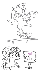 Size: 1280x2560 | Tagged: safe, artist:jargon scott, artist:tjpones edits, edit, starlight glimmer, trixie, g4, black and white, comic, cool, doodle, duo, equal cutie mark, female, grayscale, hoof fingers, jumping, mare, monochrome, shutter shades, signature, simple background, skateboard, suddenly hands, sunglasses, thumbs up, white background