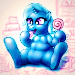 Size: 1280x1280 | Tagged: safe, artist:remyroez, trixie, pony, unicorn, g4, belly button, cake, candy, chubby, fat, female, food, happy, solo, the great and bountiful trixie, traditional art