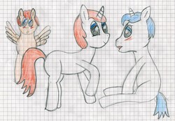 Size: 5067x3520 | Tagged: safe, artist:geljado, oc, oc only, oc:flower follow, oc:geljado, oc:specially clopps, blushing, colored, colored sketch, drawing, graph paper, lined paper, sketch, traditional art