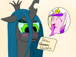 Size: 1024x768 | Tagged: source needed, safe, artist:rdash2116108, princess cadance, queen chrysalis, alicorn, changeling, changeling queen, pony, g4, blushing, cross-popping veins, crying, eyes closed, female, laughing, letter, revenge, simple background, smiling, teary eyes, yellow background