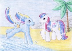 Size: 1024x726 | Tagged: safe, artist:normaleeinsane, bowtie (g3), seaspray (g3), g3, beach, duo, traditional art