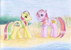 Size: 1024x723 | Tagged: safe, artist:normaleeinsane, beachberry, kiwi tart, g3, beach, duo, traditional art